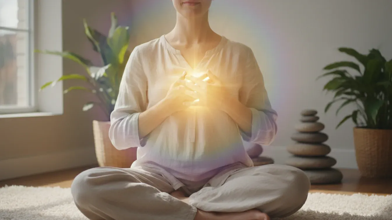 Hands over heart in golden light representing LGBTQ divine love and healing