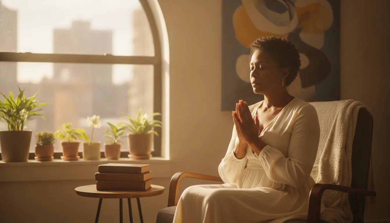 Spiritual seeker pausing in golden light to notice inner patterns