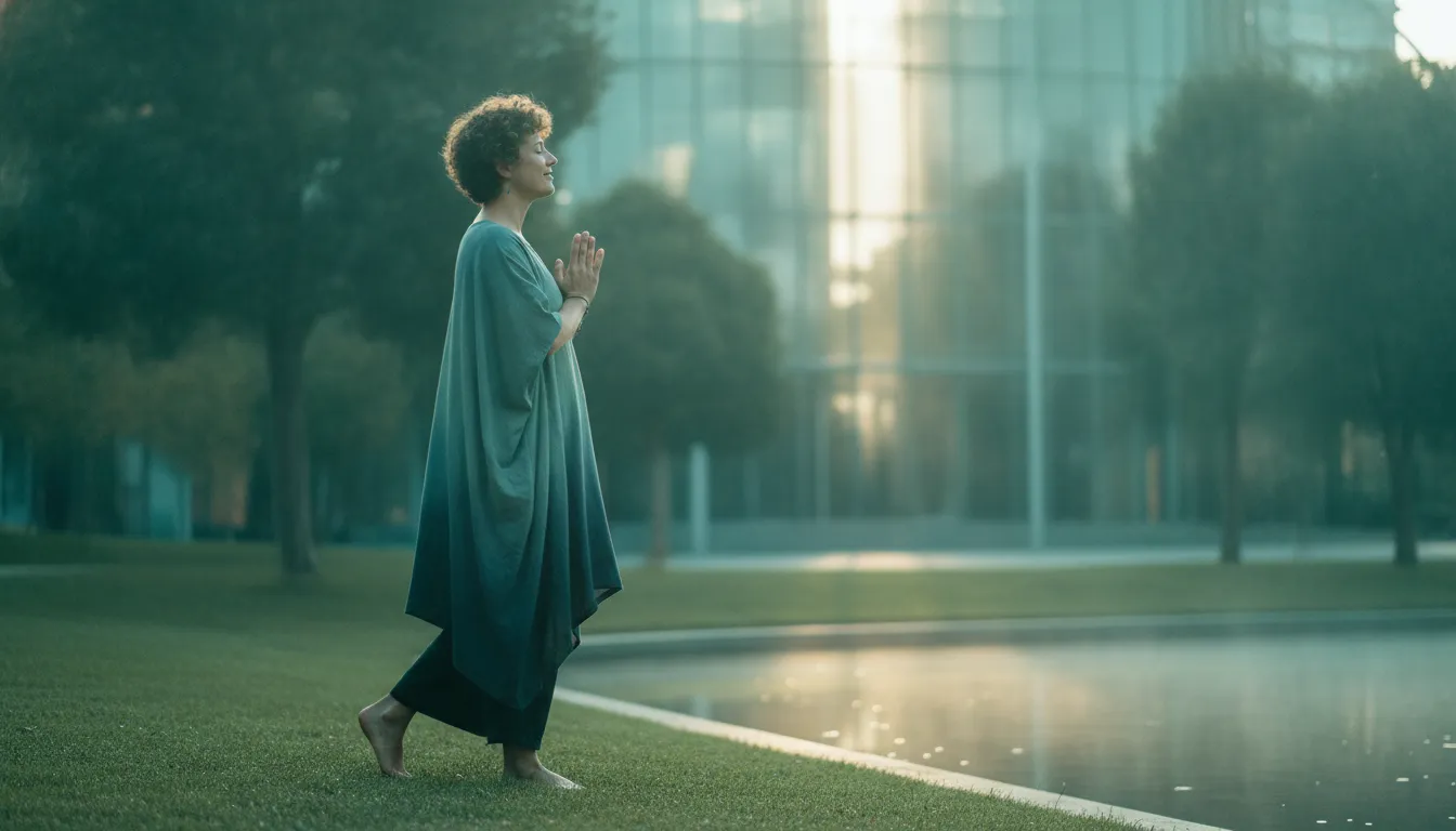 Spiritual seeker walking calmly through a city park at dawn