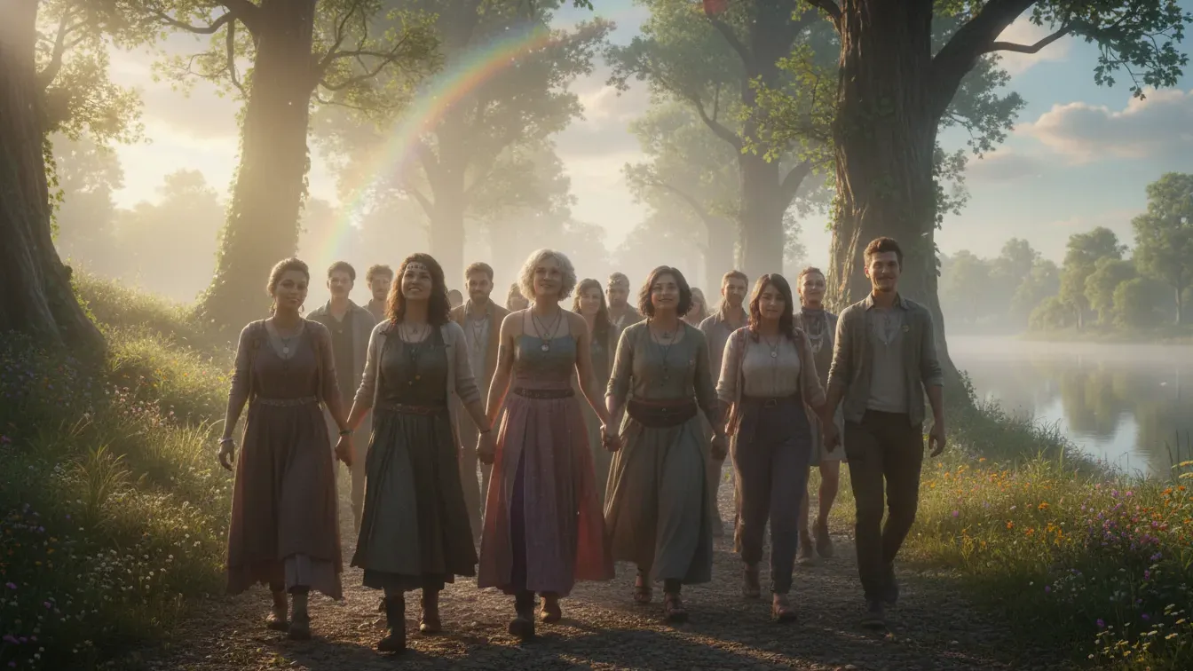 Queer spirituality community walking together on a sunrise path