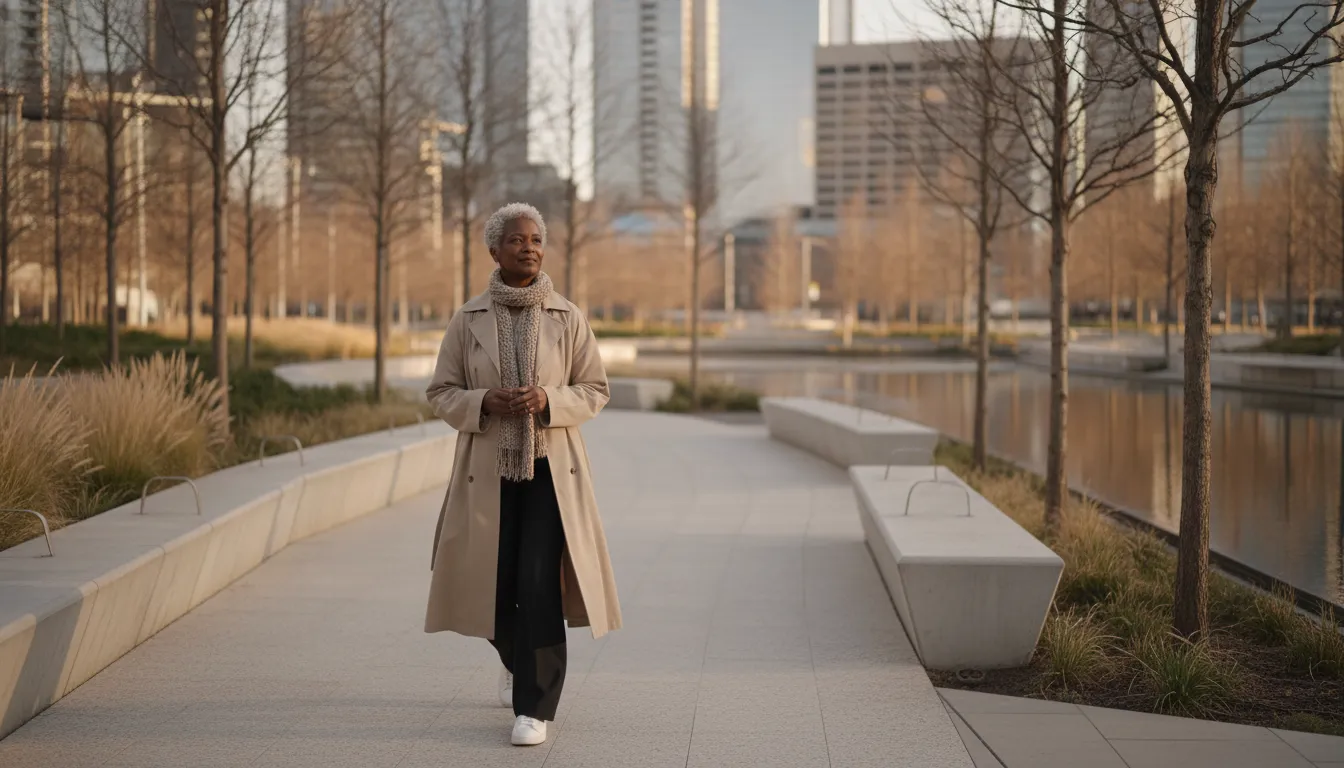 Mature woman walking peacefully as part of an emotional healing journey
