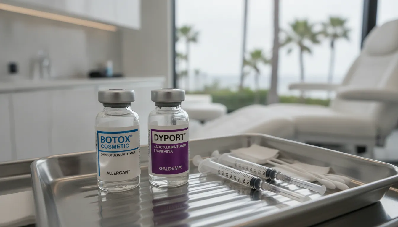 Botox and Dysport product vials arranged on a clean medical tray in a San Diego aesthetic clinic