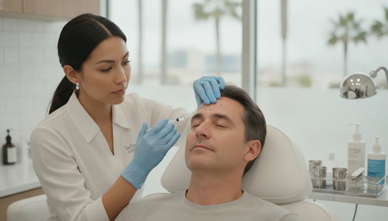 Physician administering a neuromodulator injection to a patient in a medical spa treatment room