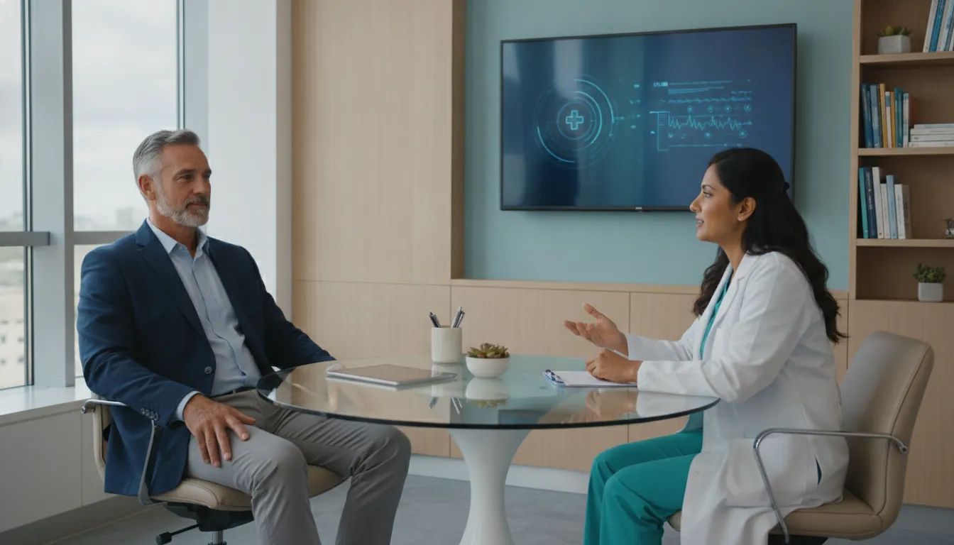 Man consulting with a physician about testosterone health in a modern Encinitas medical office