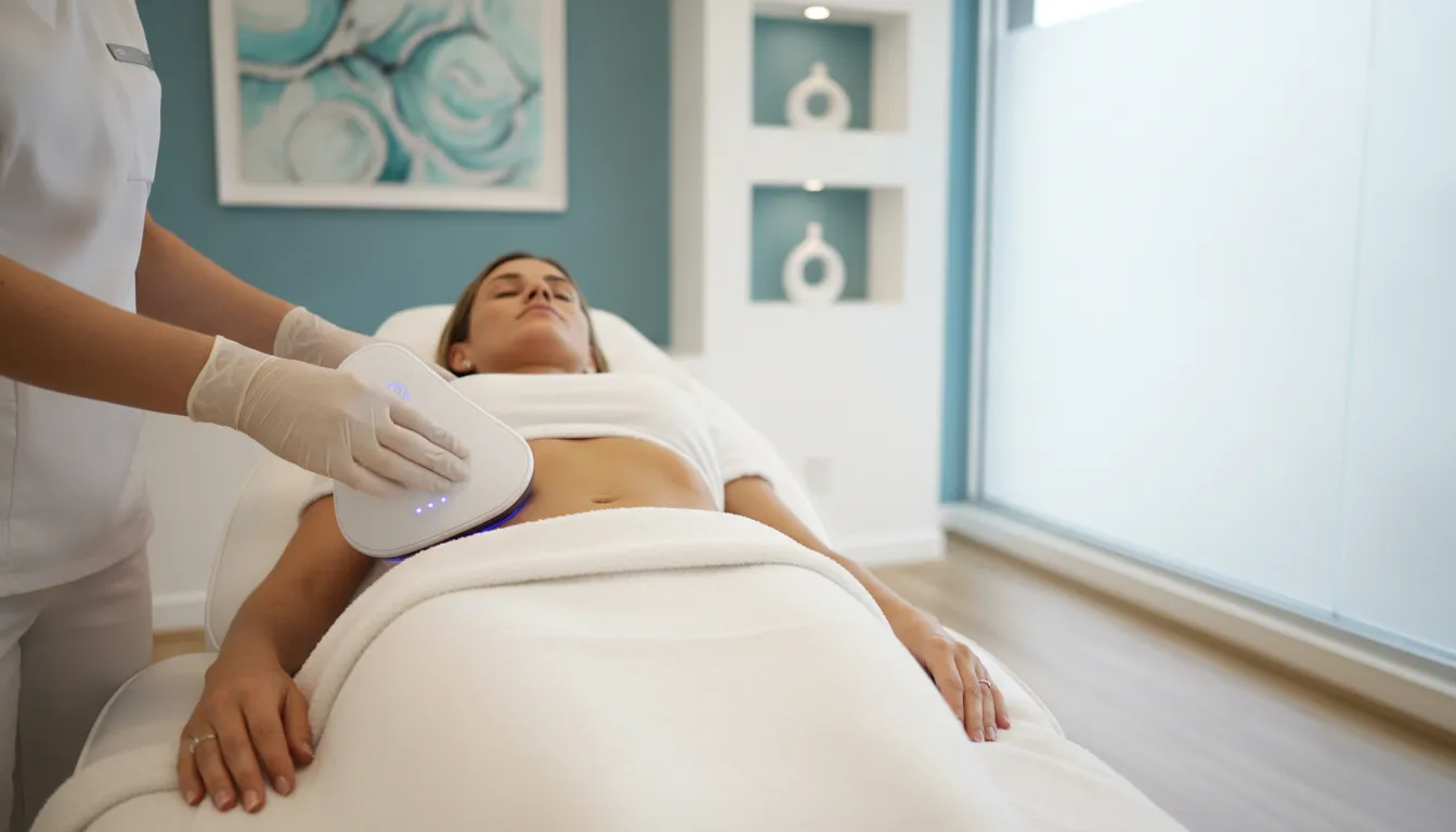 Emsculpt NEO treatment applicator positioned on a patient's abdomen in a modern medical clinic