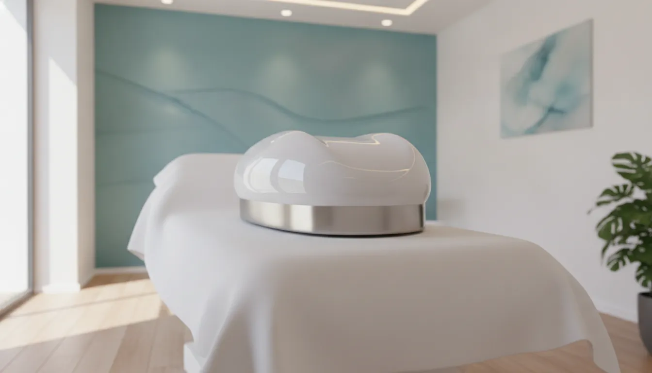 Modern medical device for non-invasive body contouring in a calming treatment room with teal accents