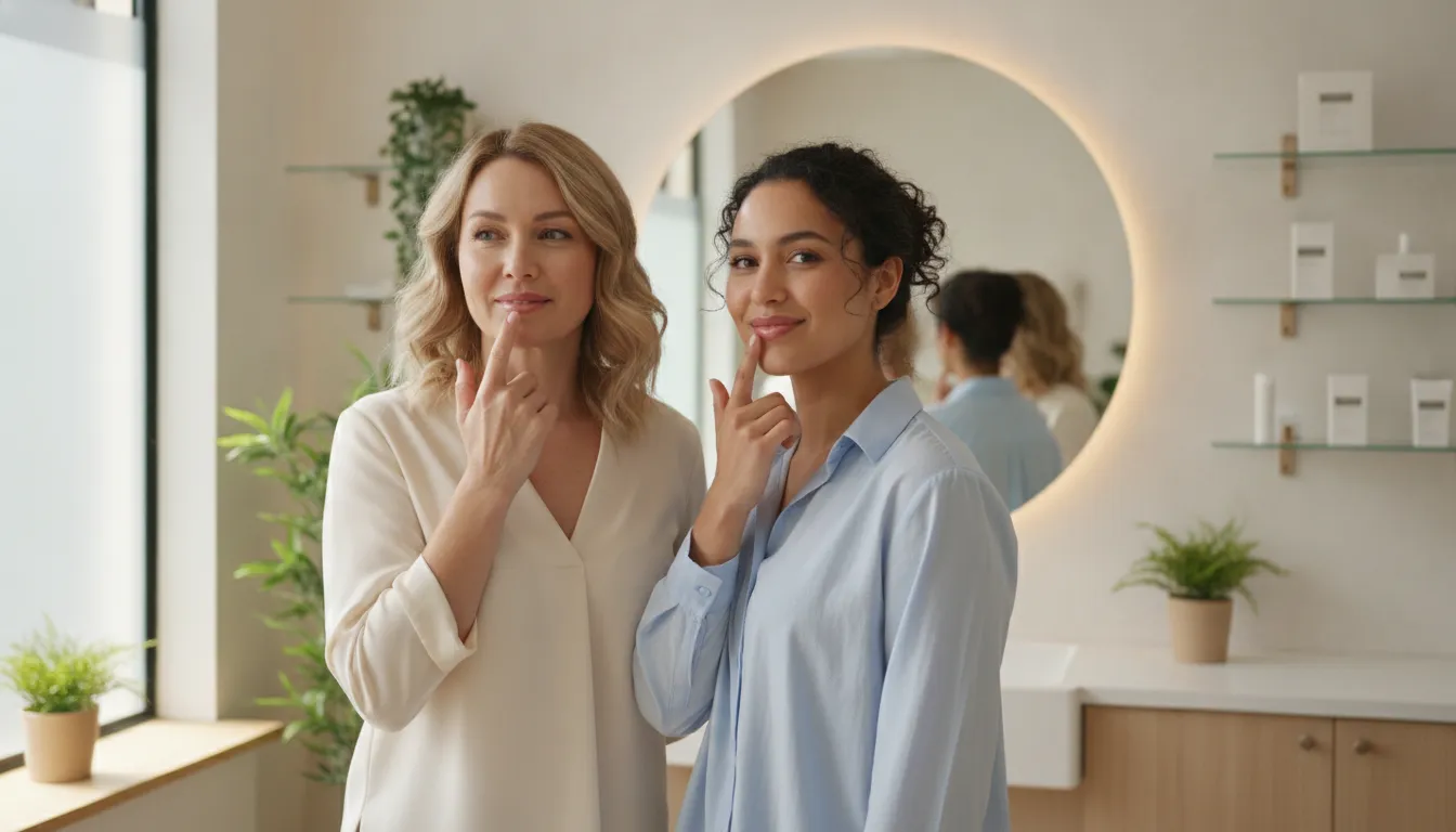 Patient checking lip filler results in a mirror at RewindMD in Encinitas