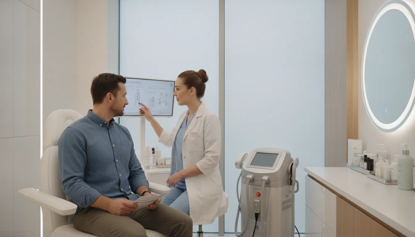 Man receiving a laser hair removal consultation with a medical professional in a modern aesthetic clinic