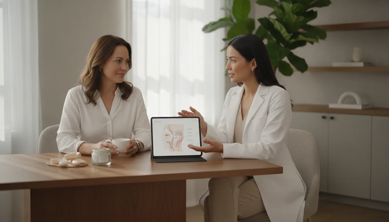 Physician-led consultation comparing Sculptra vs Radiesse treatment plans