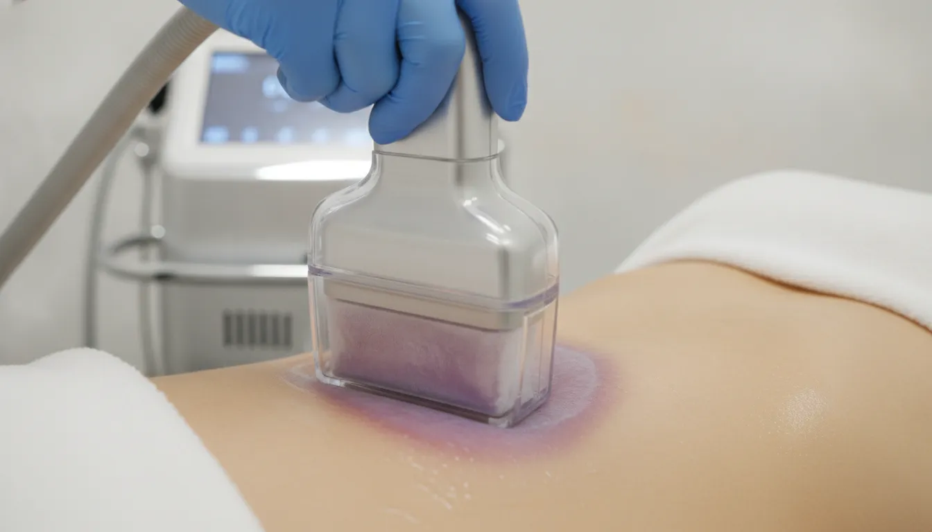 CoolSculpting cryolipolysis treatment applicator on abdomen in a medical aesthetic clinic