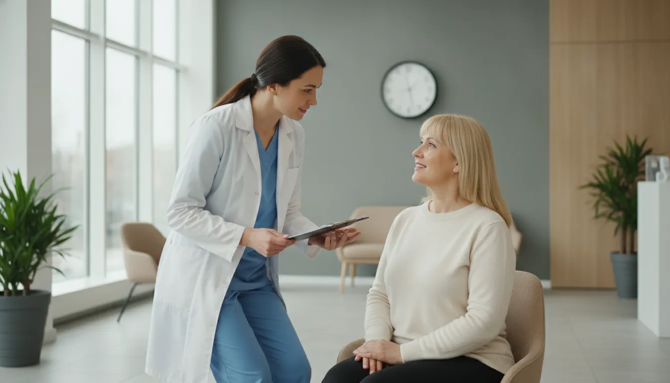 Female physician consulting with a woman in her 50s during a wellness appointment at a modern medical clinic