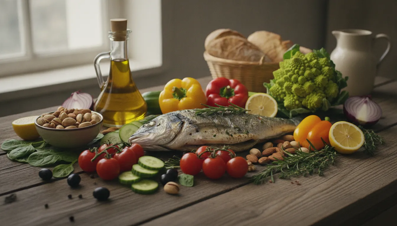 Fresh Mediterranean diet ingredients including vegetables, olive oil, fish, and nuts arranged on a wooden table