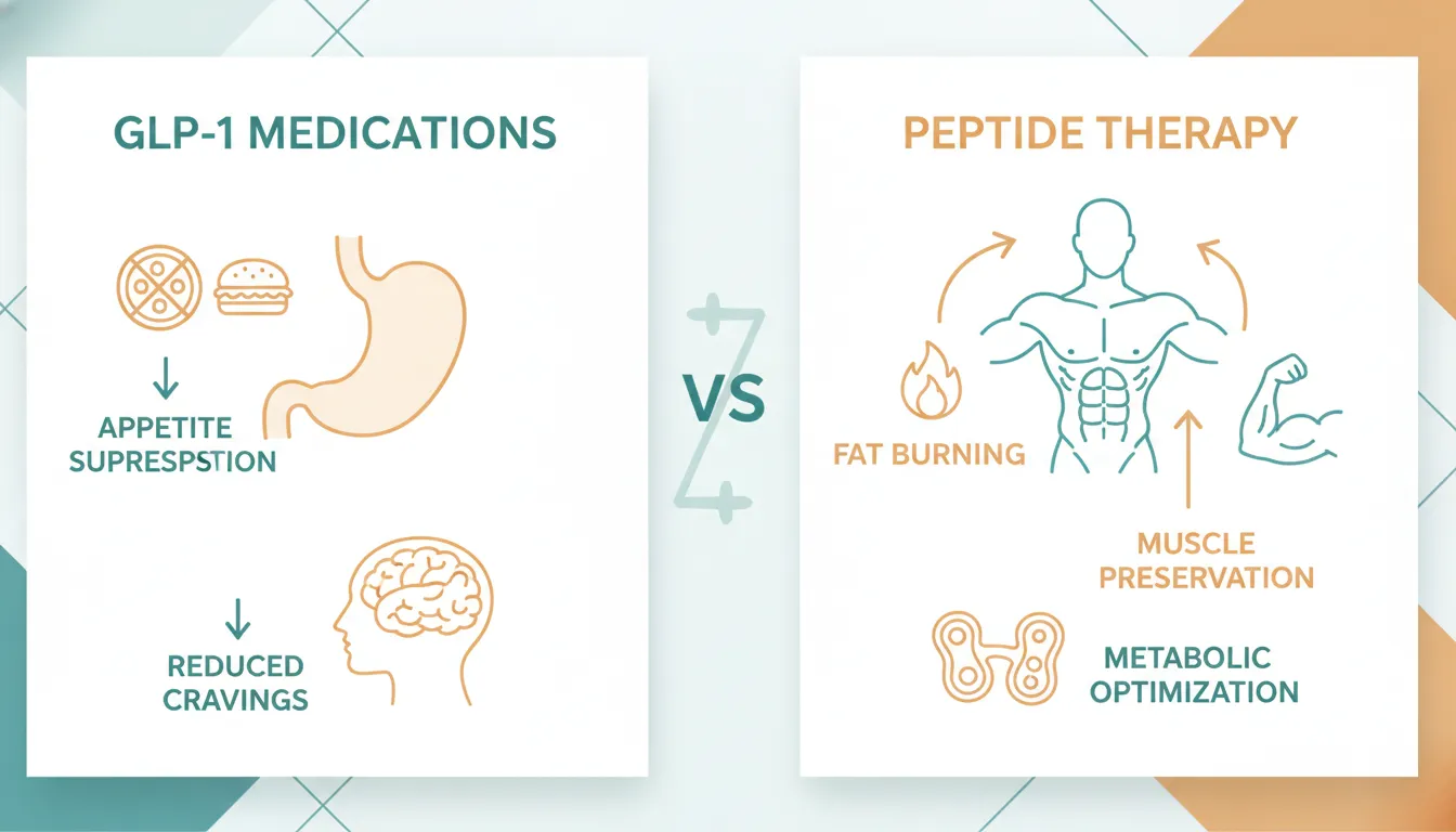 Side-by-side comparison illustration of GLP-1 medication effects on appetite versus peptide therapy effects on fat burning and muscle preservation