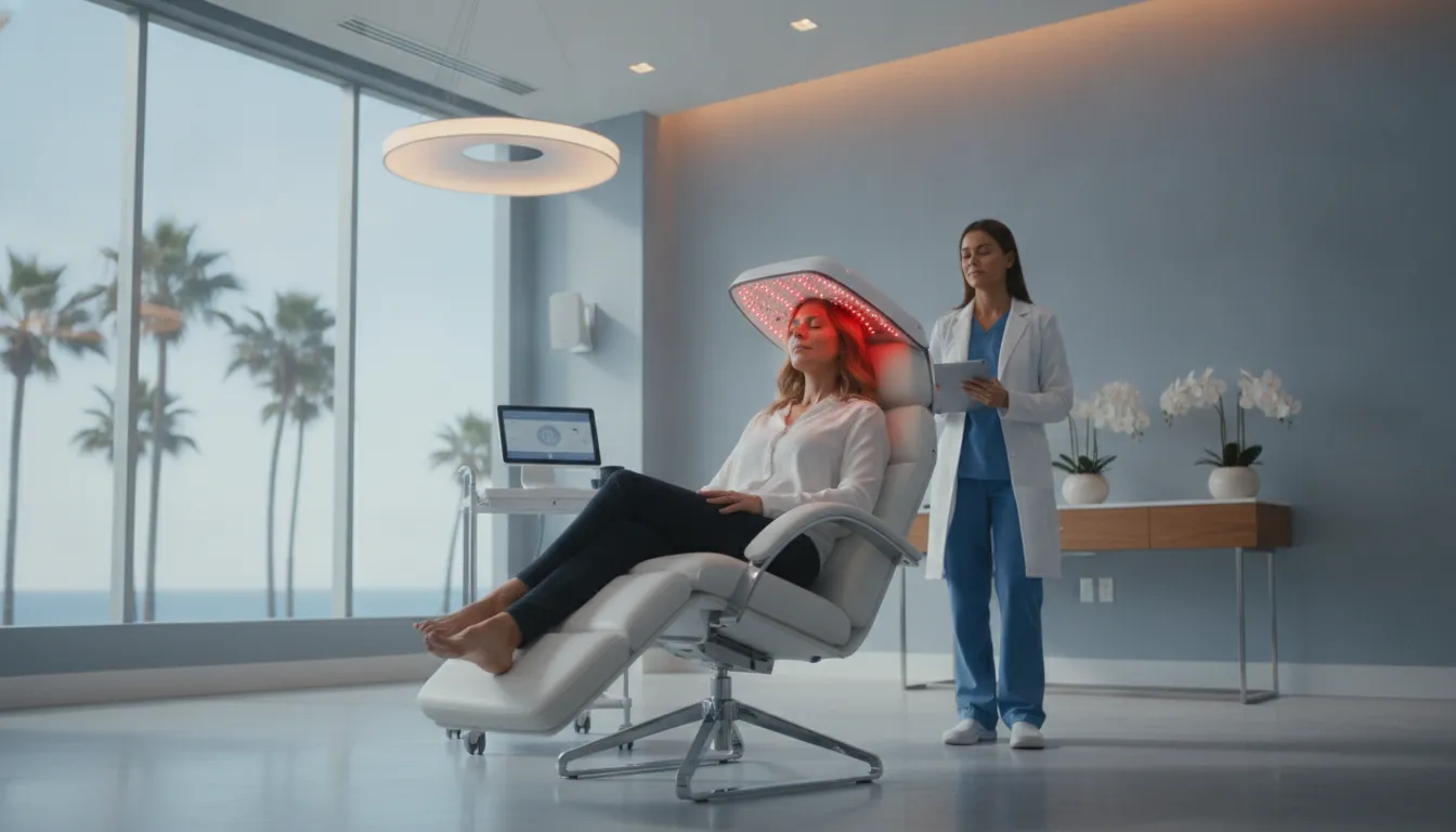 Patient receiving low-level laser therapy for hair restoration in a modern medical spa clinic in San Diego
