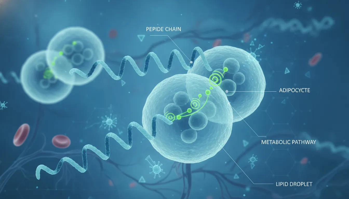 Microscopic molecular visualization of peptide chains binding to fat cells, illustrating cellular metabolism in weight loss therapy