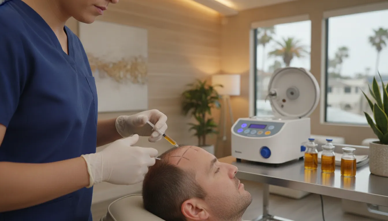 Medical professional performing PRP hair restoration scalp injection treatment at a modern clinic in Encinitas