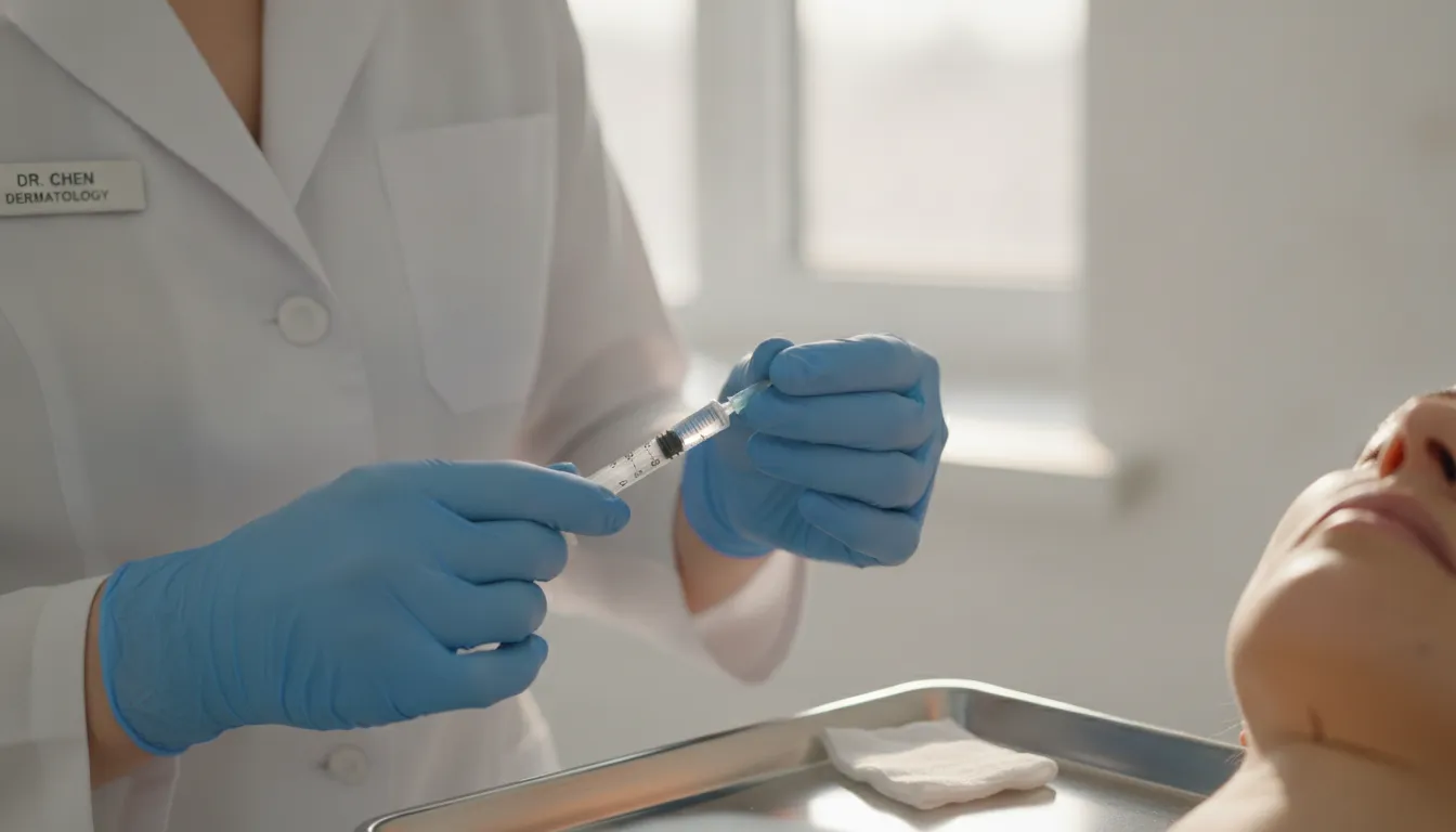 A close-up of a doctor preparing a cosmetic injection in a clean clinical setting