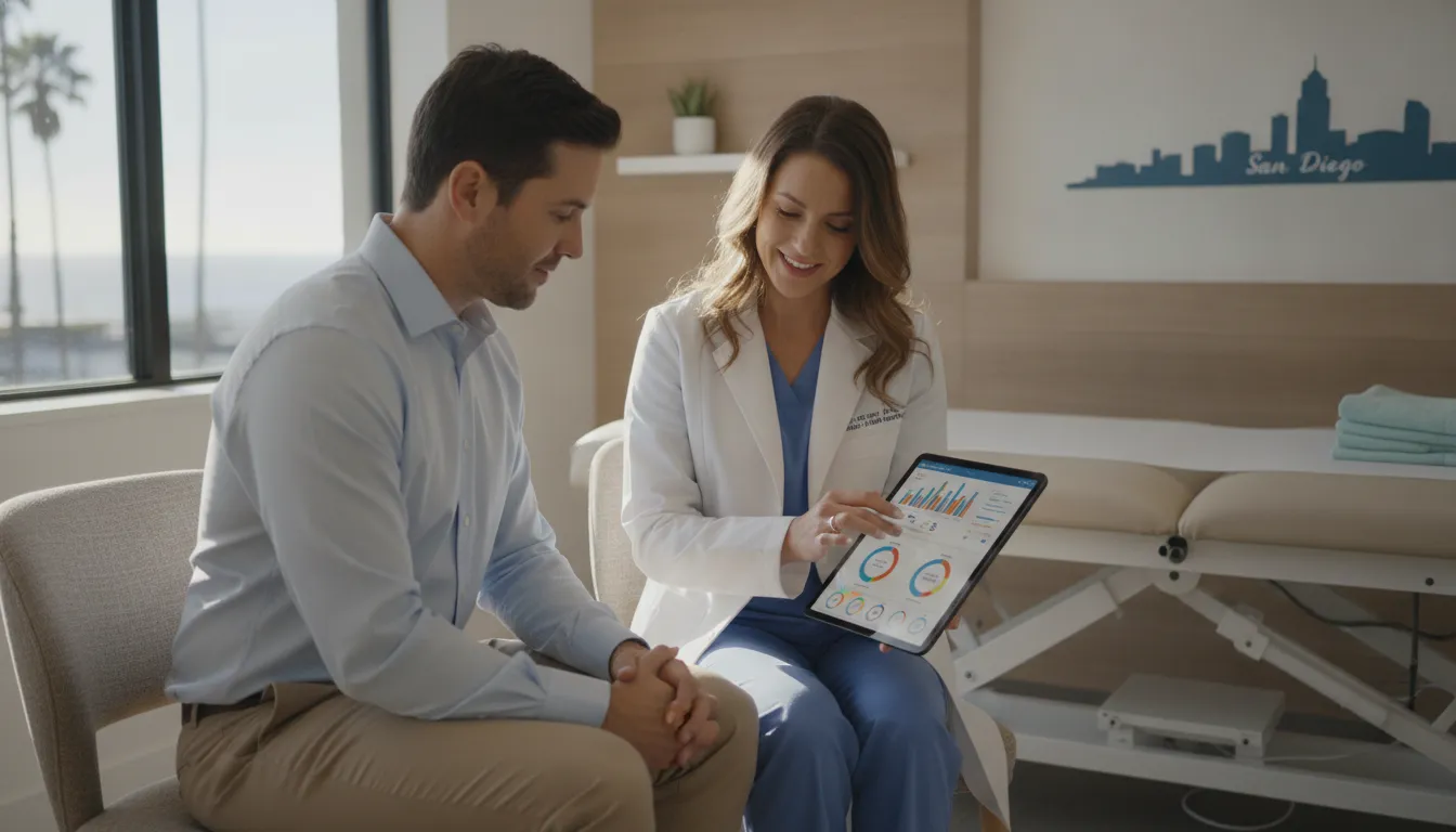 Physician and patient reviewing weight loss health data during a consultation at a modern San Diego medical clinic