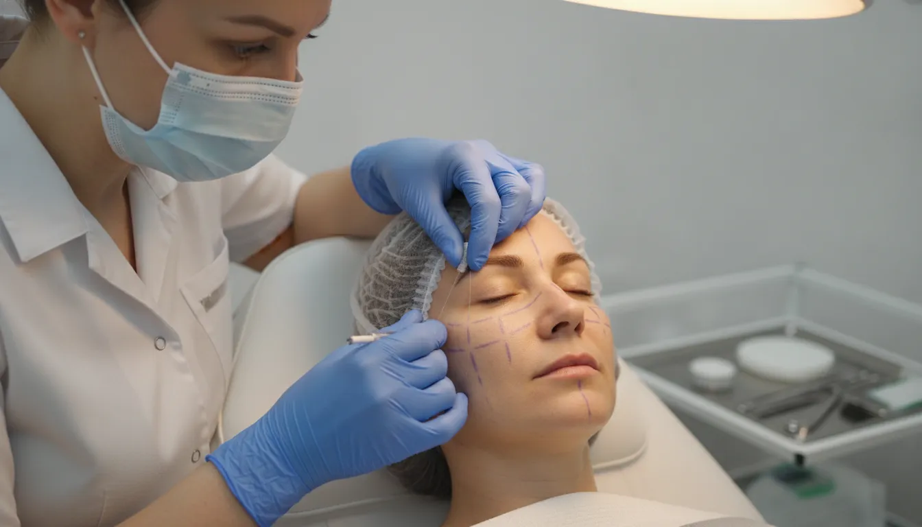 Medical professional performing a non-surgical PDO thread lift procedure on a patient in a modern aesthetic clinic treatment room