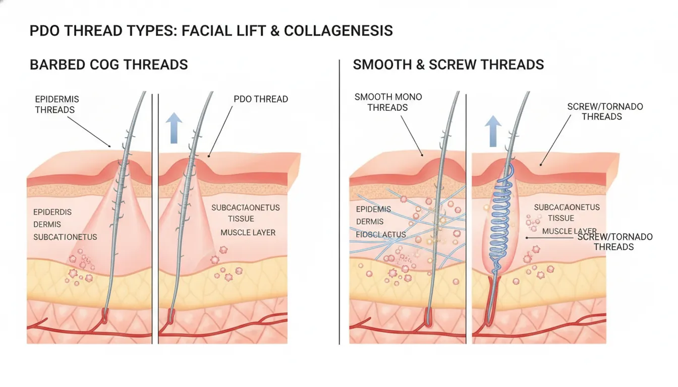 Medical illustration showing PDO thread types inserted under facial skin layers demonstrating the lifting and collagen stimulation mechanism