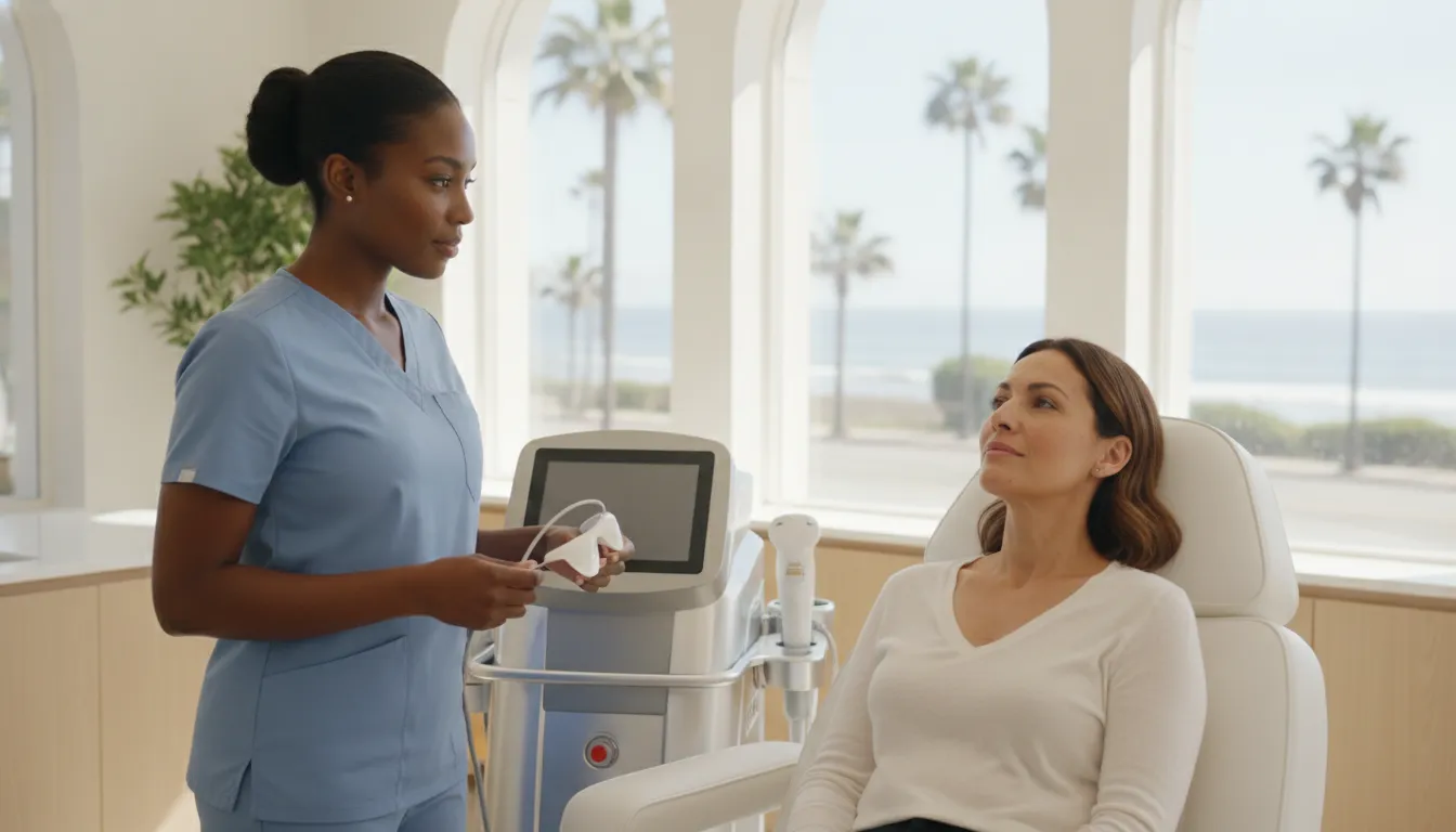 Patient discussing IPL for sun damage during a professional consultation