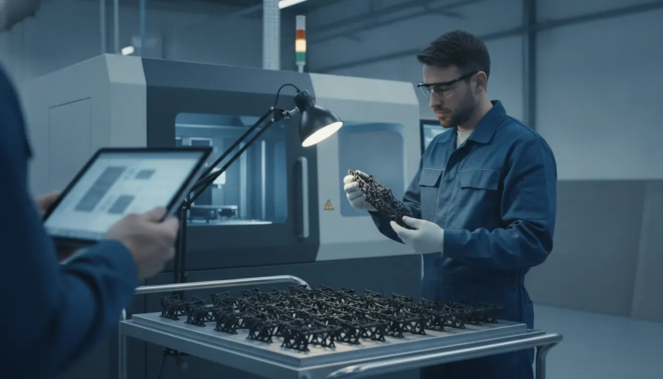 Operator inspecting 3D-printed parts as additive manufacturing software tracks production visibility