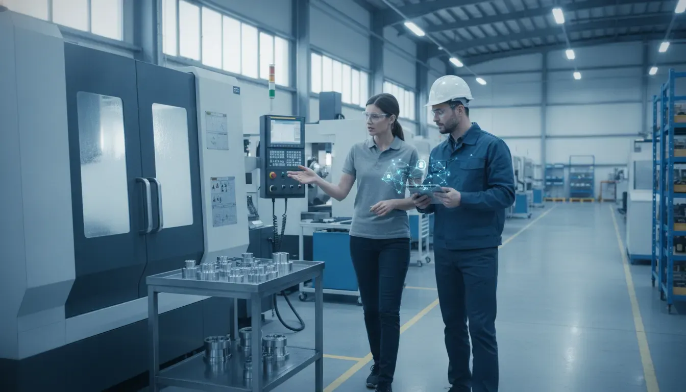 Manufacturing team planning an advanced manufacturing improvement beside a CNC workcell