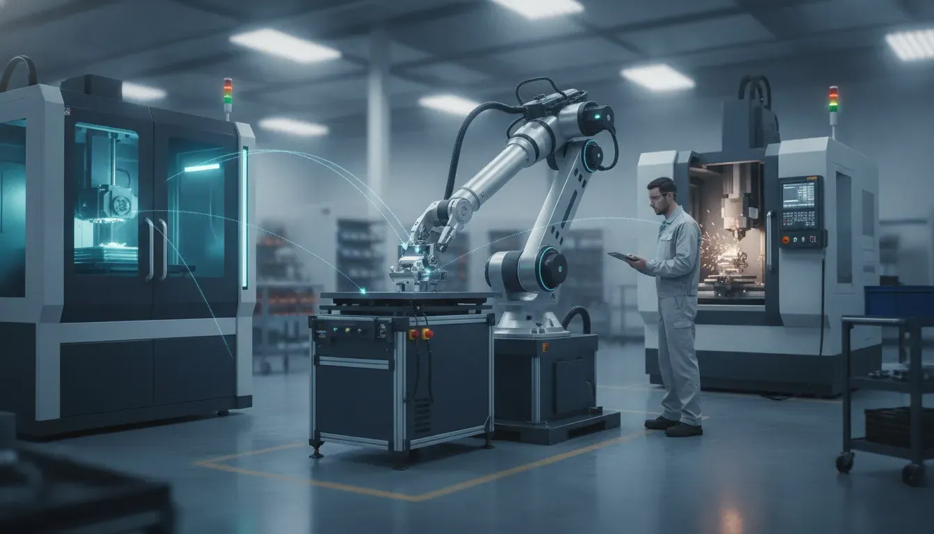 Robotic workcell connecting CNC equipment and advanced manufacturing processes