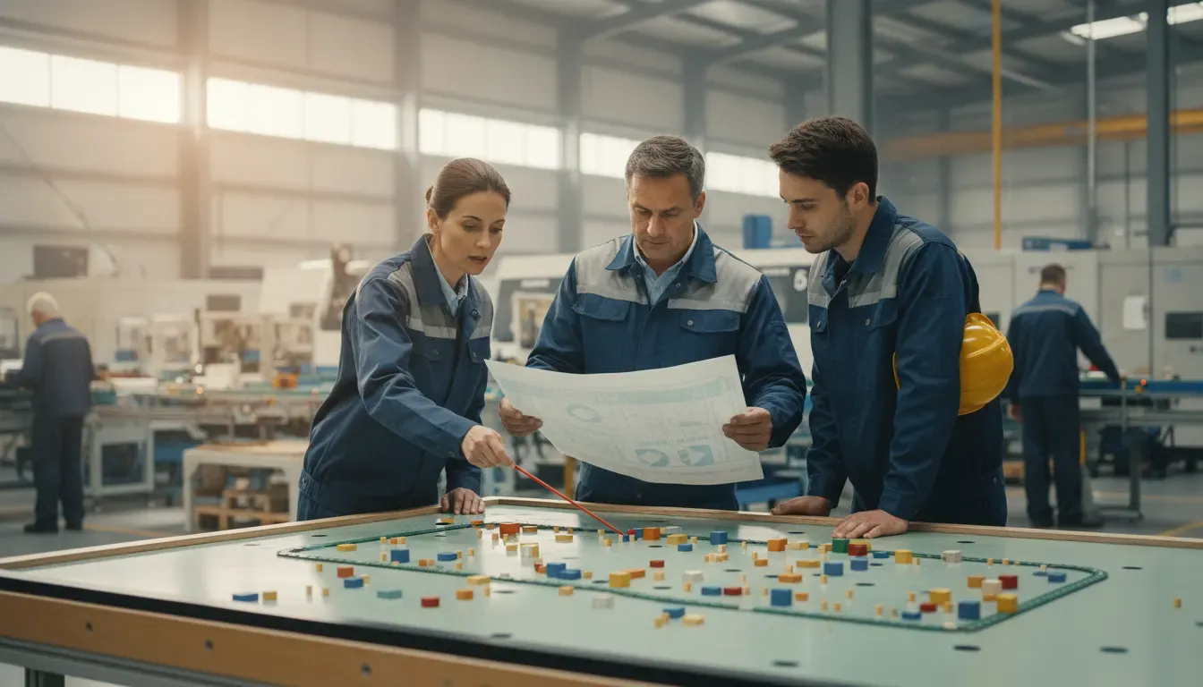 Manufacturing operations team evaluating connected worker platform workflows around a production plan