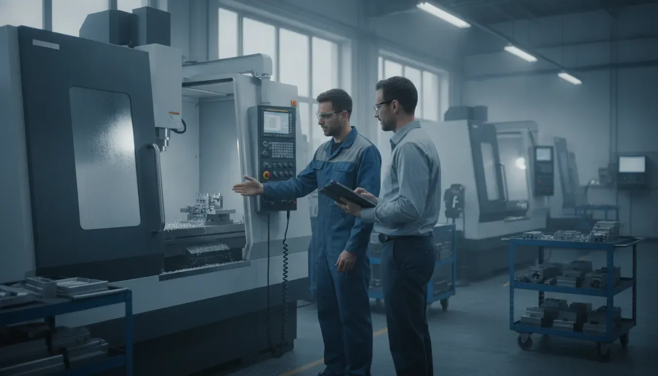 Manufacturing operator and supervisor reviewing a connected worker workflow beside a CNC machine