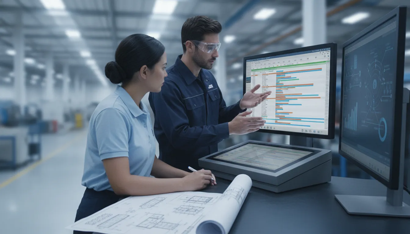 Engineer and production planner reviewing a custom machine scheduling plan on the shop floor