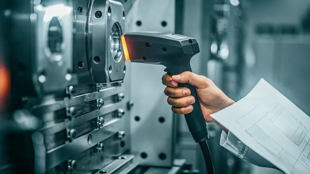 A manufacturing machinist scanning a barcoded traveler document next to a modern CNC machine setup on a clean shop floor.