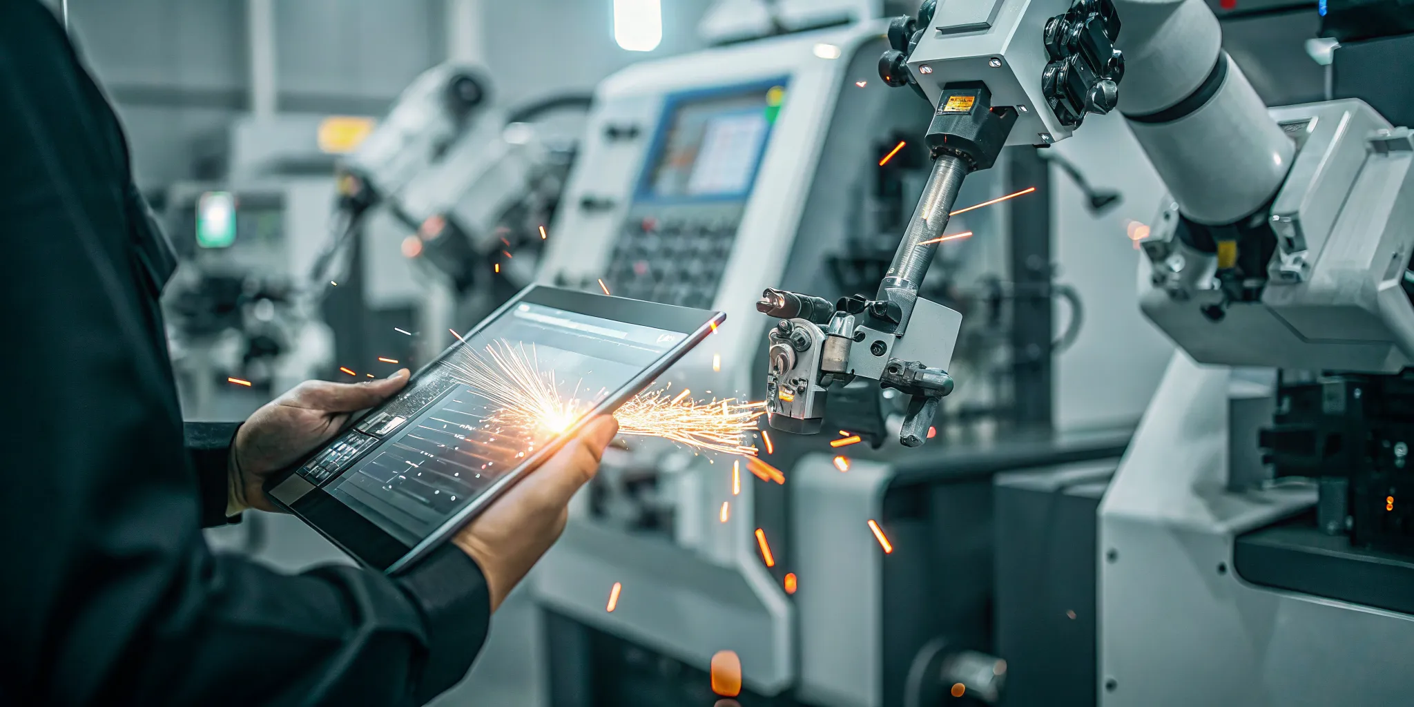 Shop floor technician monitoring real-time CNC machine data on a tablet in a manufacturing facility