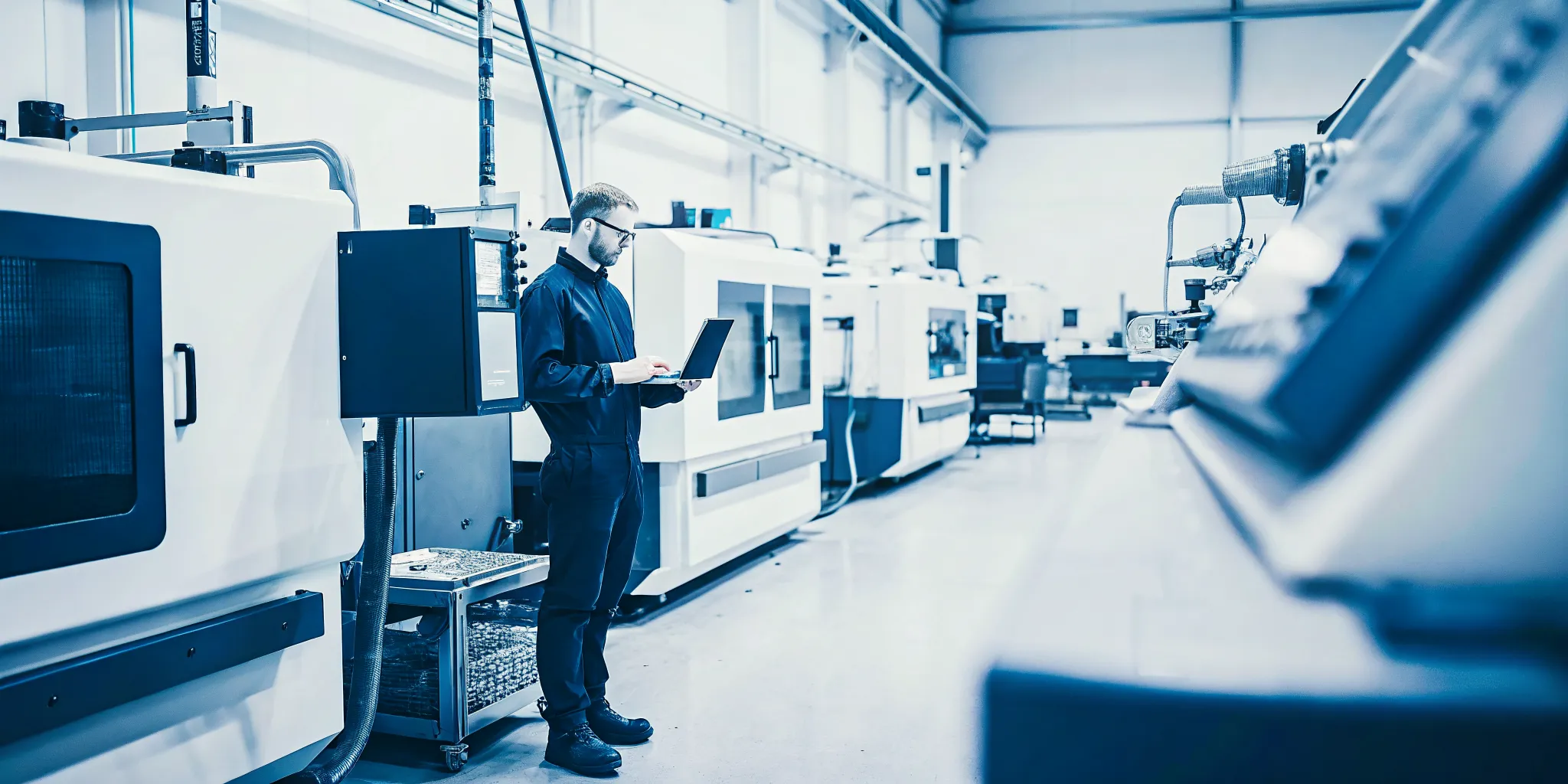 Manufacturing engineer reviewing equipment performance data on a tablet near a CNC machine on a clean factory floor