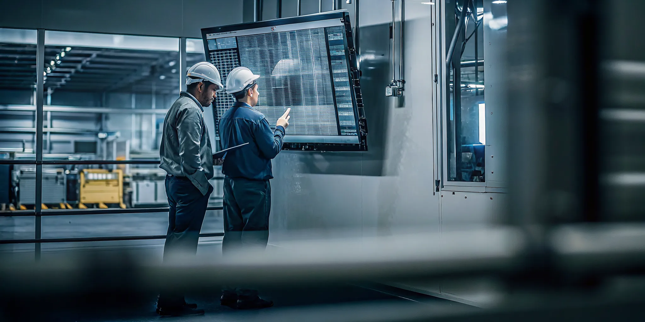 Planners reviewing digital manufacturing software reports that connect shop floor data to business decisions