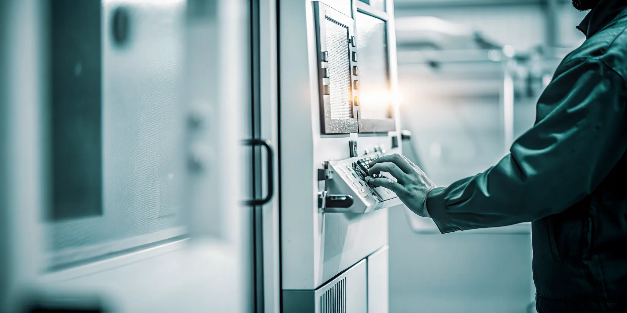 Engineer inspecting a CNC machine control panel during a machine monitoring evaluation