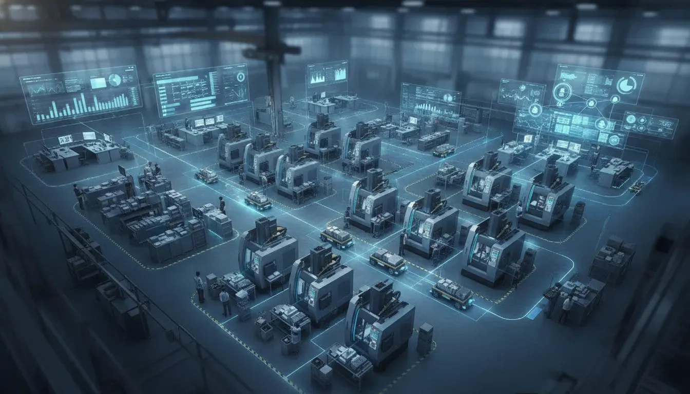 Connected manufacturing systems linking ERP, production scheduling, machines, WIP, and analytics