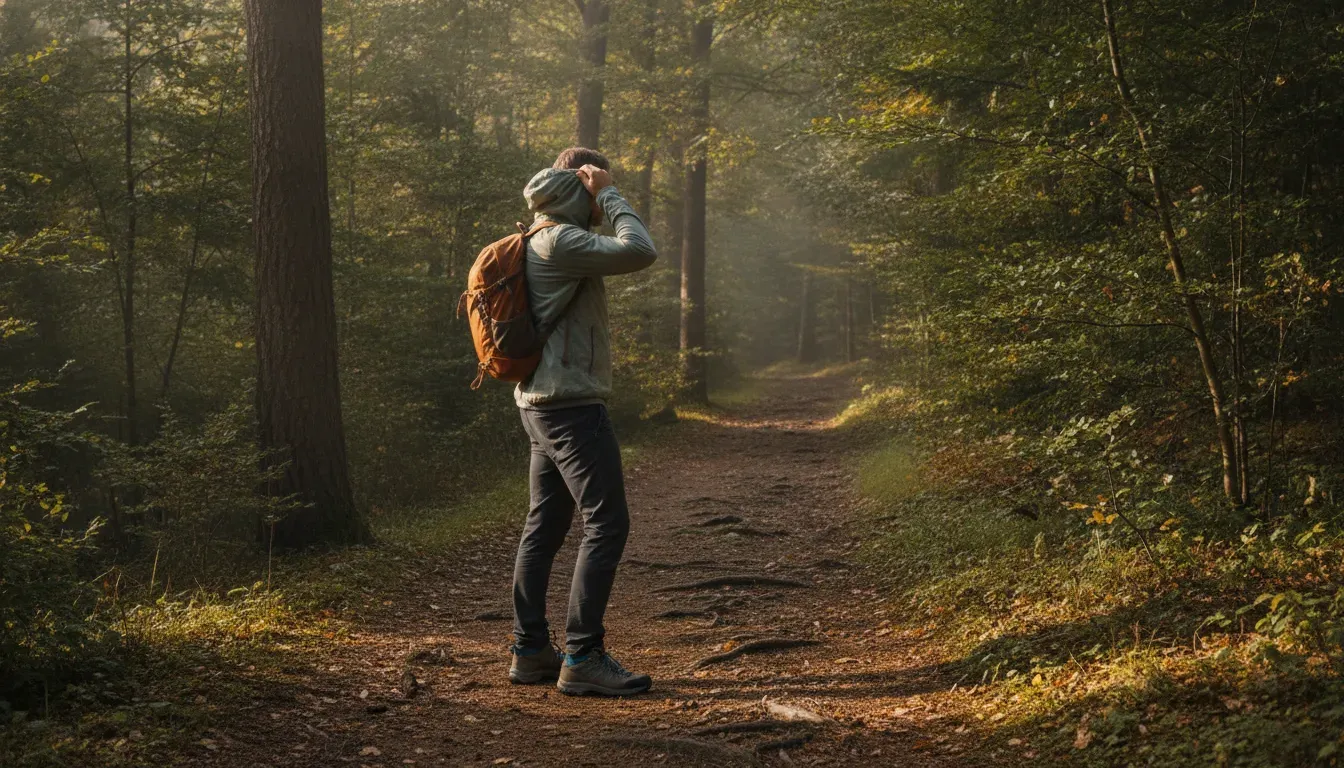 Hiker adjusting a light layer on a wooded trail during a day hike