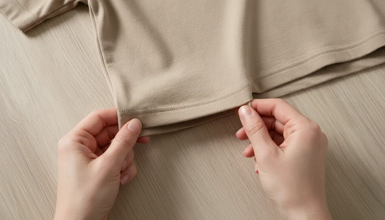 Hands checking the hem and stitching of a quality cropped cotton T-shirt