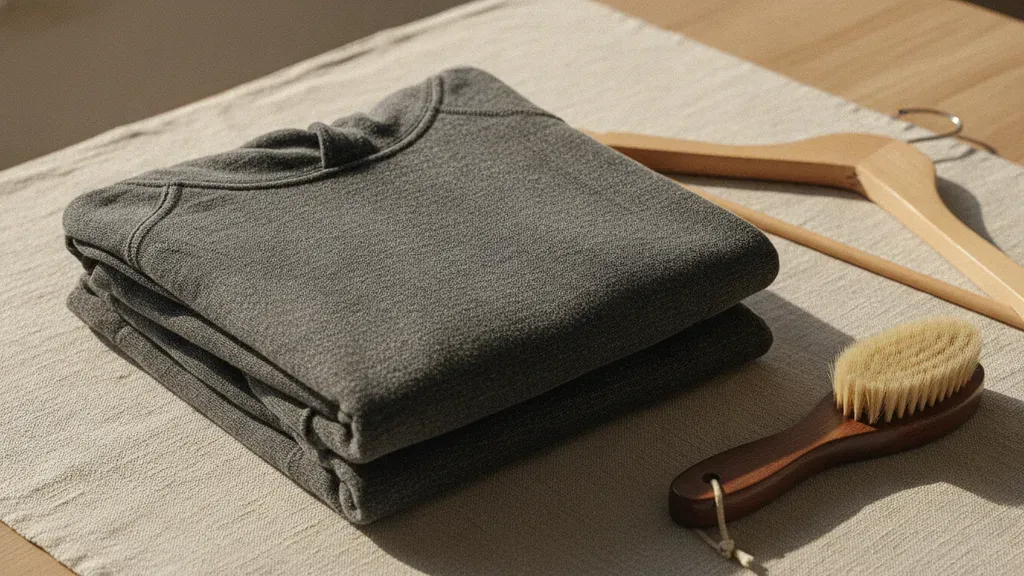 Folded charcoal responsibly made hoodie with a clothing brush and hanger