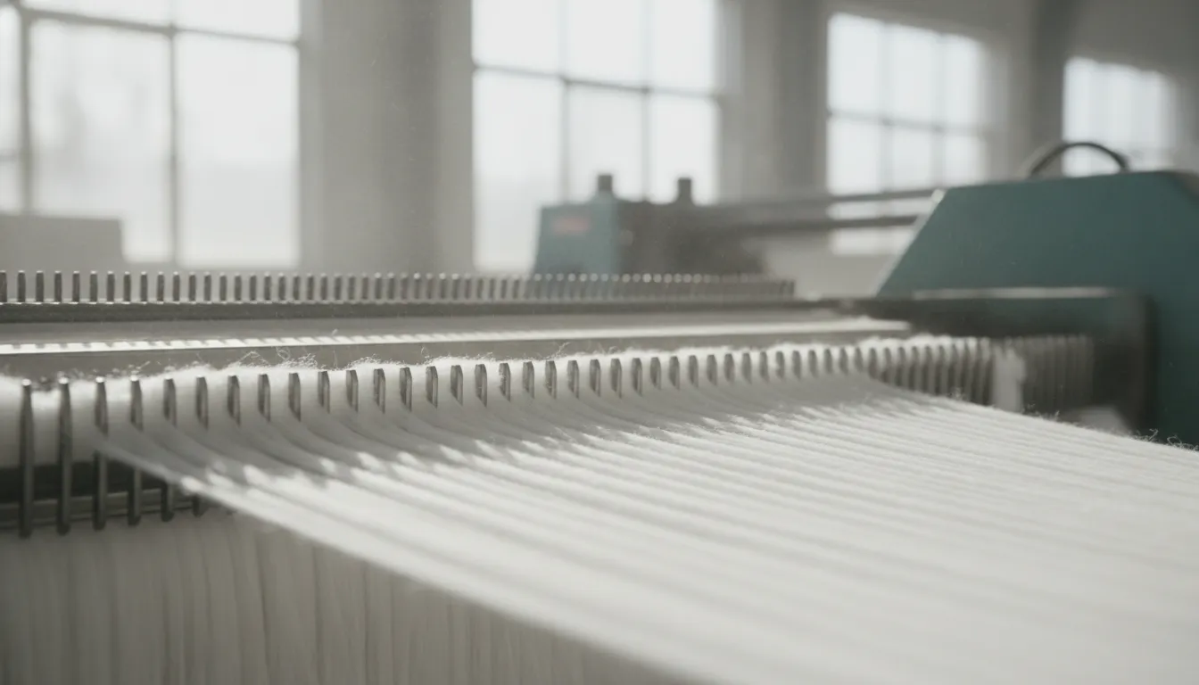 White cotton fibers being combed and aligned on a textile machine, showing how short fibers are removed to create a smooth yarn