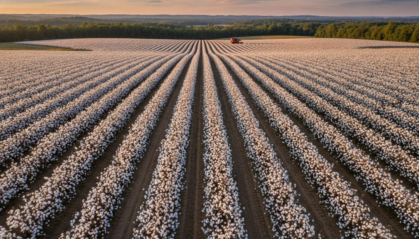 Wide-angle photograph of rows of cotton ready for harvest on a North Carolina farm in golden afternoon light