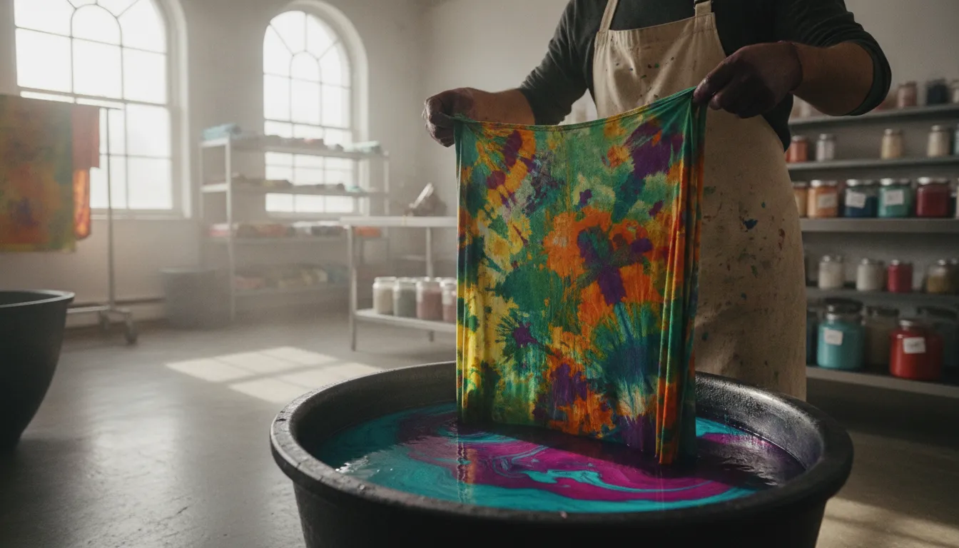 Textile artisan working with dyed fabric in a production studio for Blue Sign certified dyes