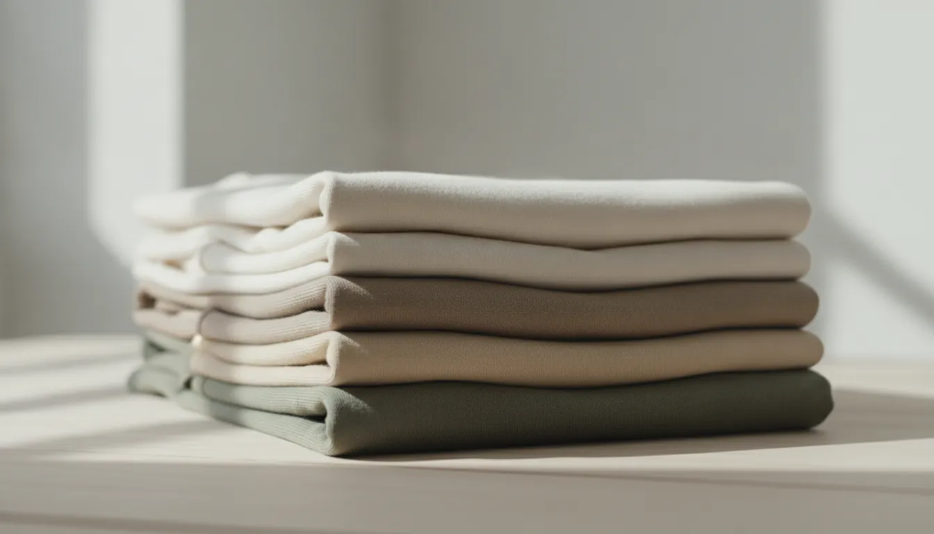 Folded natural cotton tee fabric representing responsibly made garments with Blue Sign certified dyes