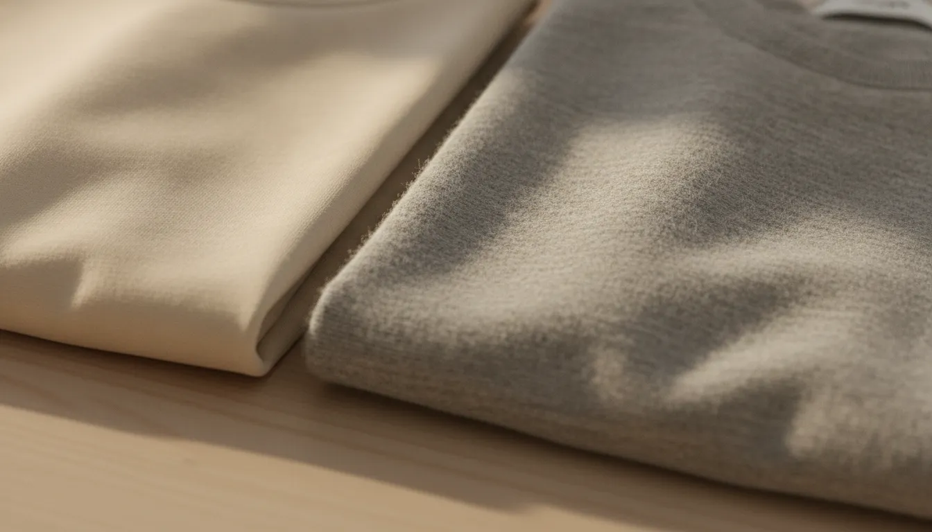 Two folded cotton t-shirt fabrics side by side, one smooth and fine-textured compared with a slightly coarser and fuzzier fabric