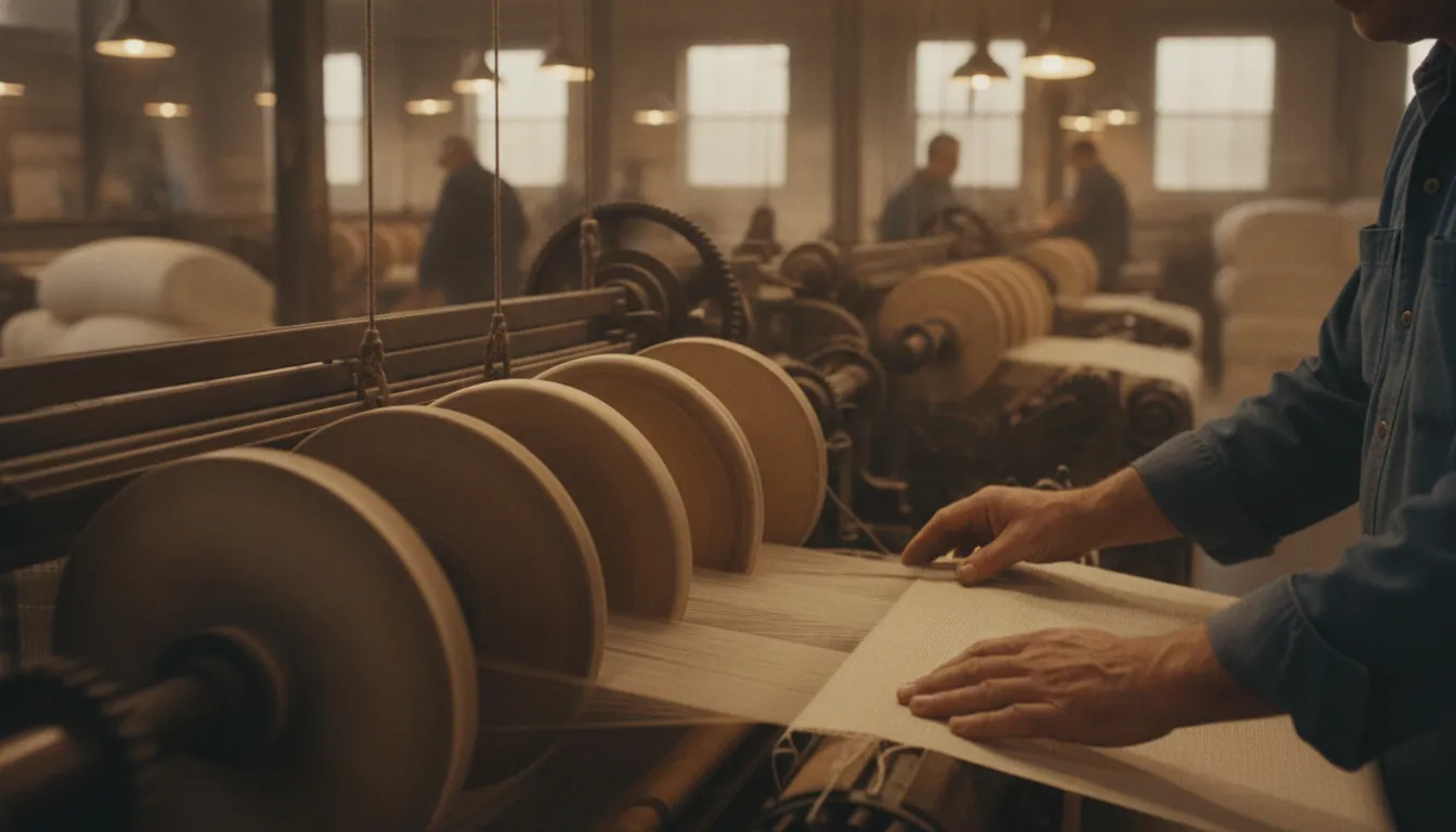 Cotton yarn spools turning inside a U.S. textile mill