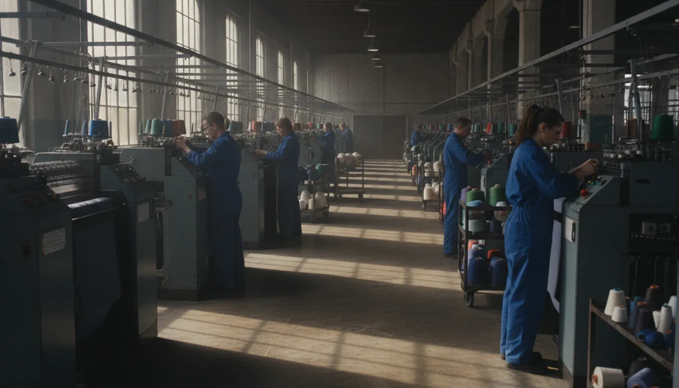 Interior view of a North Carolina textile mill with industrial knitting machines and skilled workers