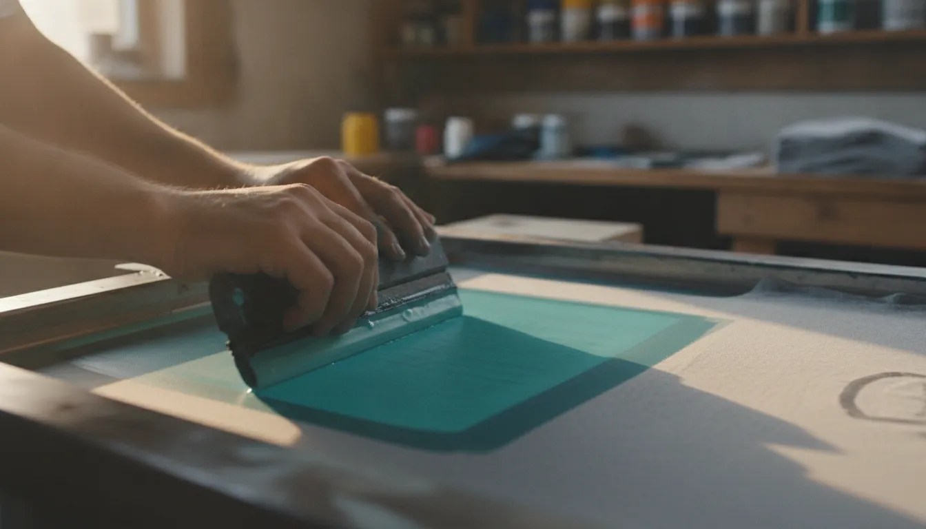 screen printer pressing water-based ink through a mesh screen onto a cotton t-shirt