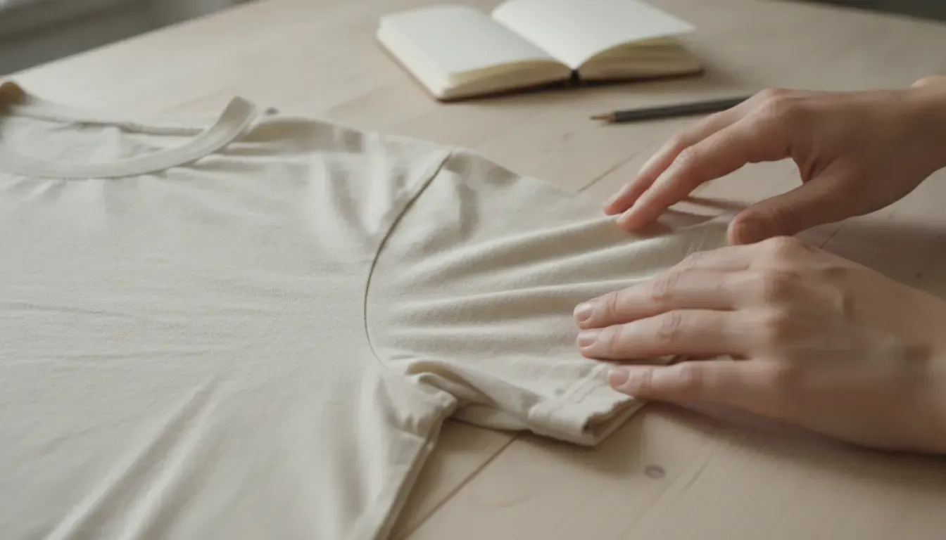 Hands checking the cotton fabric and stitching of a mindful clothing purchase