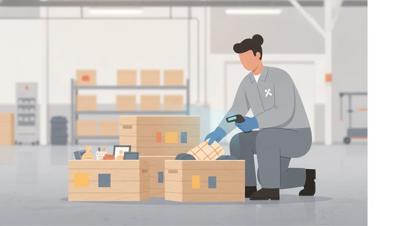 Restoration technician packing household contents into labeled crates in a clean restoration facility